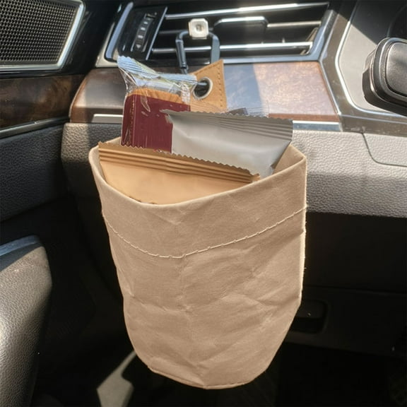 Car Air Vent Hanging Trash Can Storage Bag - Washable Kraft Paper Multi-Function Organizer, Reusable Waterproof Vehicle Garbage Bin Auto Interior Decor