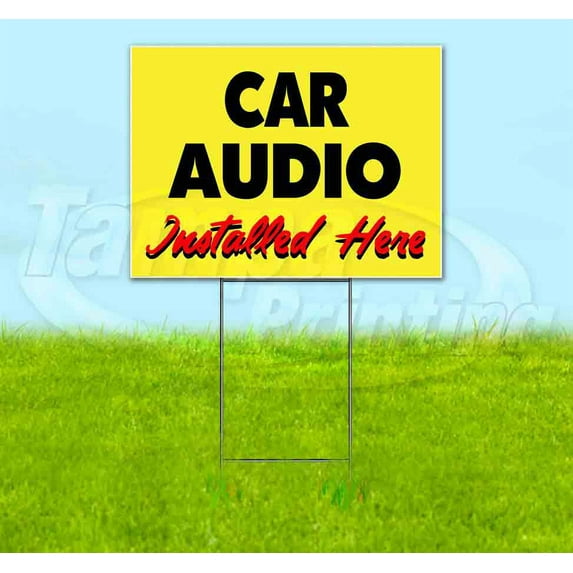 Car Alarms Installed Here Yellow Cursive (18" x 24") Yard Sign, Includes Metal Step Stake