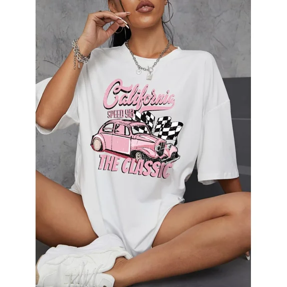 Car And Letter Graphic Drop Shoulder Oversized Tee Graphic Tees Women Tops