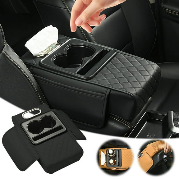 Car Armrest Box Pad & Tissue Box Storage Bag, Multifunctional Three-in-One Armrest Heightening Pad, Car Elbow Pad with Tissue Storage, Comfortable Armrest Cushion for Car Interior