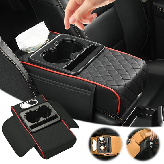 Car Armrest Box Pad with Tissue Holder & Storage Bag | Multifunctional 3-in-1 Elbow Cushion & Console Organizer for Universal Fit