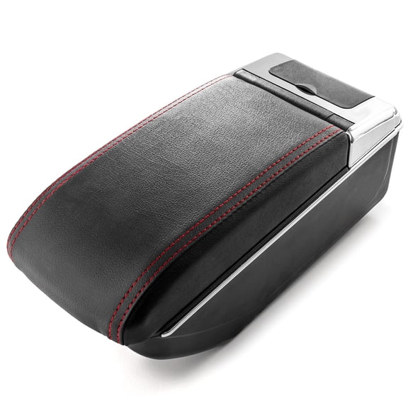 Car Armrest Center Console Box Storage Black Handrest Compatible with Nissan Juke 2010-2017 - Black Leather Red Stitching - Double Storage Space, Adjustable Cup Holder, Rear Ashtray / Change Holder