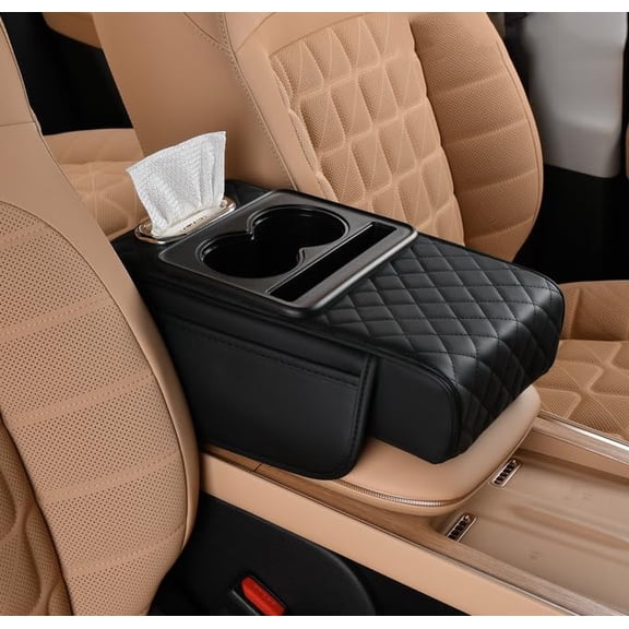 Car Armrest Cover with Cup Holder, 4 in 1 Memory Foam Leather Center Console Armrest Pillow with Tissue Box and Storage Pockets Universal Fit for SUV Car Truck