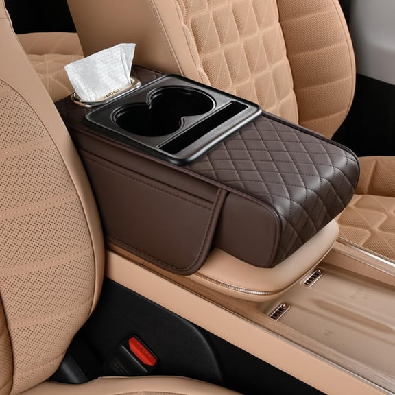 Car Armrest Cushion 2.75" Height,5-in-1 Center Console Cover with 2 Storage Bags Cup Holder, Tissue Box Slot, Phone Slot, Car Accessories Interior Organizers (Coffee)
