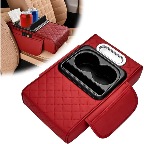 Car Armrest Cushion, 5 in 1 Memory Foam Center Console Cover with Storage Bags, Cup Holder, Tissue Box Slot & Phone Holder, Car Accessories Interior Organizers (Red)