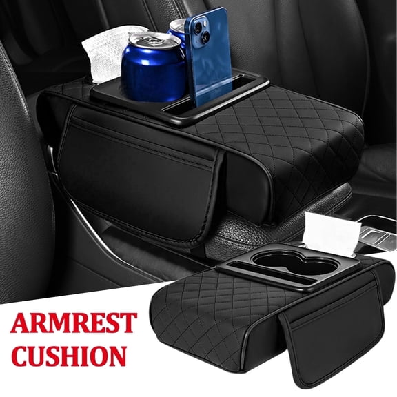XUKEY Universal Car Armrest Organizer Cover  with Cup Holder & Storage for SUV, PU Leather, Black