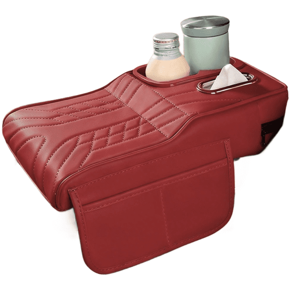 Car Armrest Cushion Pad with Cup Holder Height Adjustable Center Console Protector Ergonomic Elbow Support Breathable Material Side Pockets Storage for Vehicle Interior(Red)