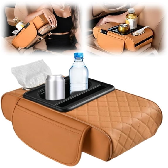 Car Armrest Cushion, Upgrade Car Center Console Cover with 2 Storage Bags Cup Holder Tissue Box Slot Phone Slot, Universal Car Armrest Storage Box Car Interior Accessories (Orange)