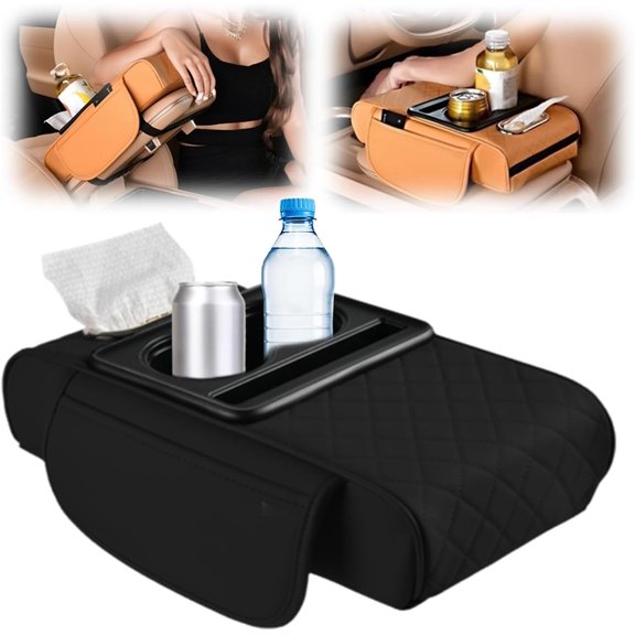 Car Armrest Cushion, Upgrade Car Center Console Cover with 2 Storage Bags Cup Holder Tissue Box Slot Phone Slot, Universal Car Armrest Storage Box Car Interior Accessories (Black)
