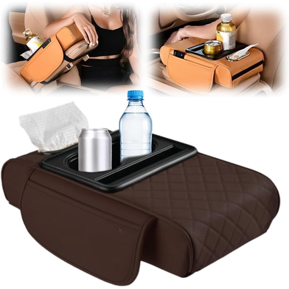 Car Armrest Cushion, Upgrade Car Center Console Cover with 2 Storage Bags Cup Holder Tissue Box Slot Phone Slot, Universal Car Armrest Storage Box Car Interior Accessories (Brown)