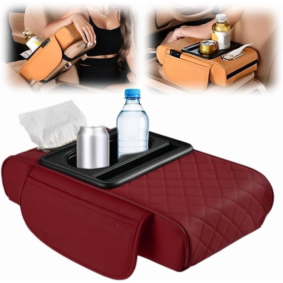 Car Armrest Cushion, Upgrade Car Center Console Cover with 2 Storage Bags Cup Holder Tissue Box Slot Phone Slot, Universal Car Armrest Storage Box Car Interior Accessories (Red)