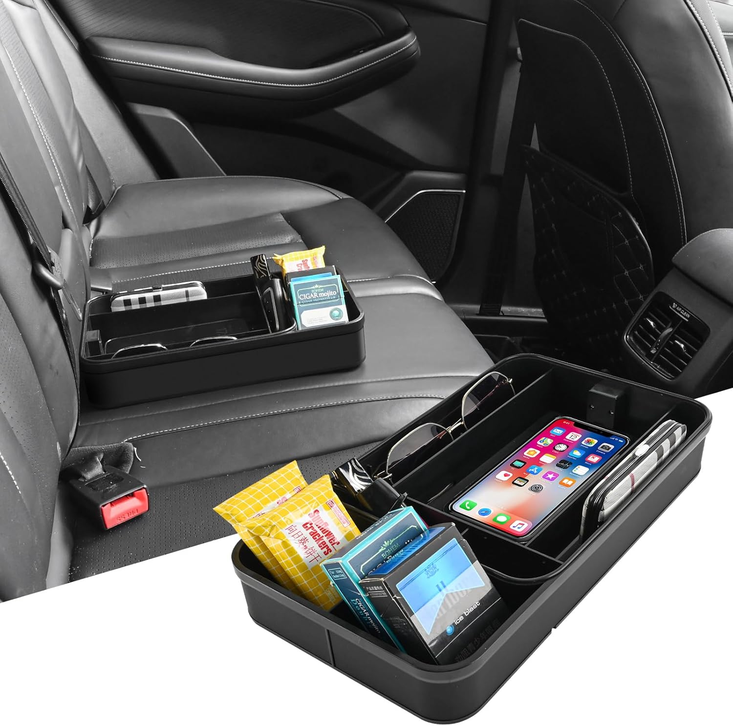 Car Armrest Extra Storage Box,Center Console Organizer,Dash Mount Phone Holder,Auto Rear Front Seat Organizer Tray, Small Caddy for Key,Sunglass,Wallets (Black)