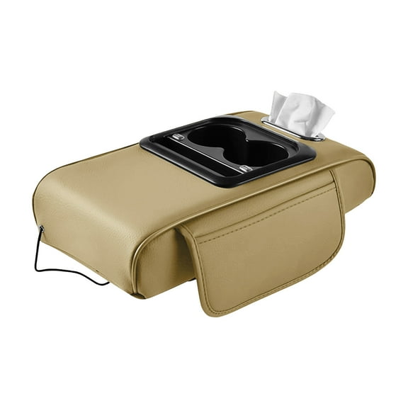 Car Armrest Organizer with USB Charging Ports, Ergonomic Design for Comfort, Smart Organization with Cup Holders and Tissue Box, Easy-Clean Leather Material