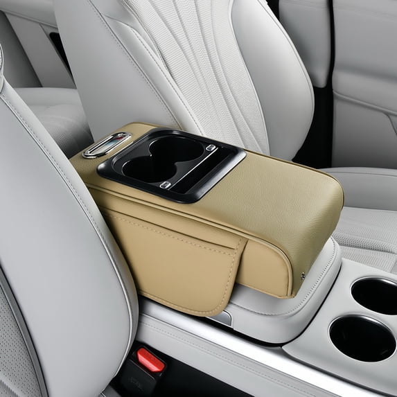 Car Armrest Organizer with USB Charging Ports Cup Holder Storage Phone Slot Center Console Cushion Elastic Straps Non-Slip Base Vehicle Accessories