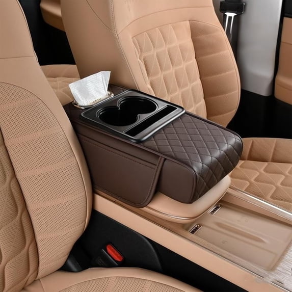 Car Armrest Storage Box - Car Arm Rest Cushion, 5-in-1 Center Console Cover with Cup Holder, Phone Storage and Ergonomic Design for All Seasons(Coffee)