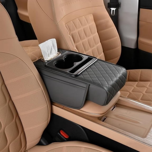 Car Armrest Storage Box - Car Arm Rest Cushion, 5-in-1 Center Console Cover with Cup Holder, Phone Storage and Ergonomic Design for All Seasons(Gray)