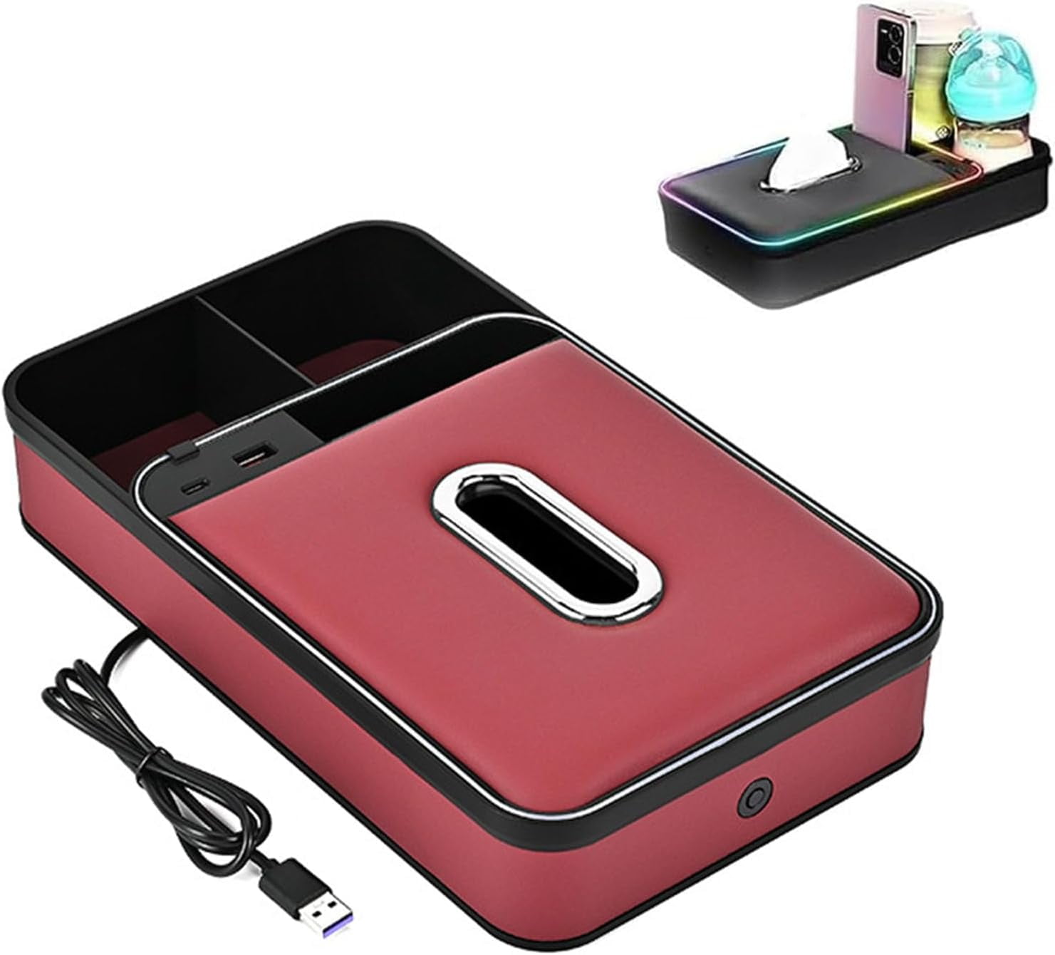 Car Armrest Storage Box with LED Ambient Light, 8-in-1 Dual Interface ...