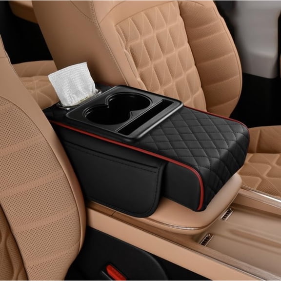 Car Armrest Storage Box – Memory Foam Armrest Cushion with Tissue Holder, Cup Holder & Phone Slot, PU Leather, Universal Fit for Most Center Consoles