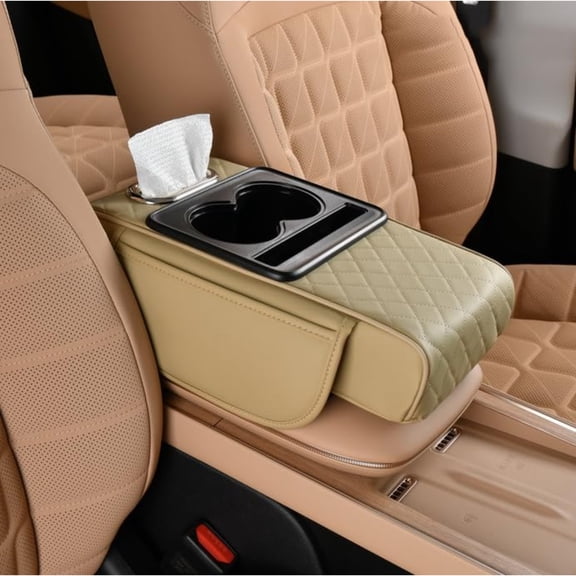 Car Armrest Storage Box – Memory Foam Armrest Cushion with Tissue Holder, Cup Holder & Phone Slot, PU Leather, Universal Fit for Most Center Consoles