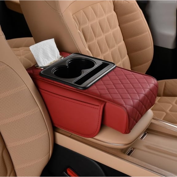 Car Armrest Storage Box – Memory Foam Armrest Cushion with Tissue Holder, Cup Holder & Phone Slot, PU Leather, Universal Fit for Most Center Consoles