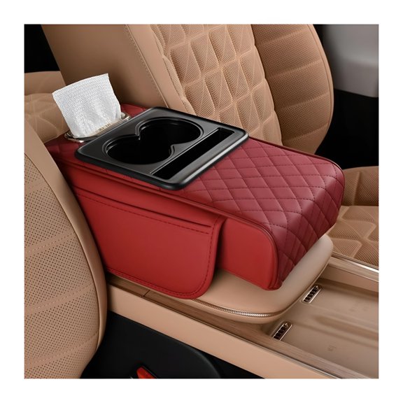 Car Armrest Storage Box, Memory Foam Leather 4 in 1 Vehicle Arm Rest Cover with Tissue Box 2 Side Storage Bag Cup & Phone Holder, Auto Armrest Cushion, Universal Fit