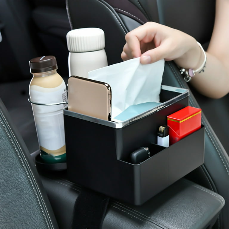 Car Armrest with Cup Holder Storage Box ,Multifunctional Car Seat  Organizer, Car Center Console Foldable Storage Box for Water Cup Paper  Towels Cellphones Keys(Black) 
