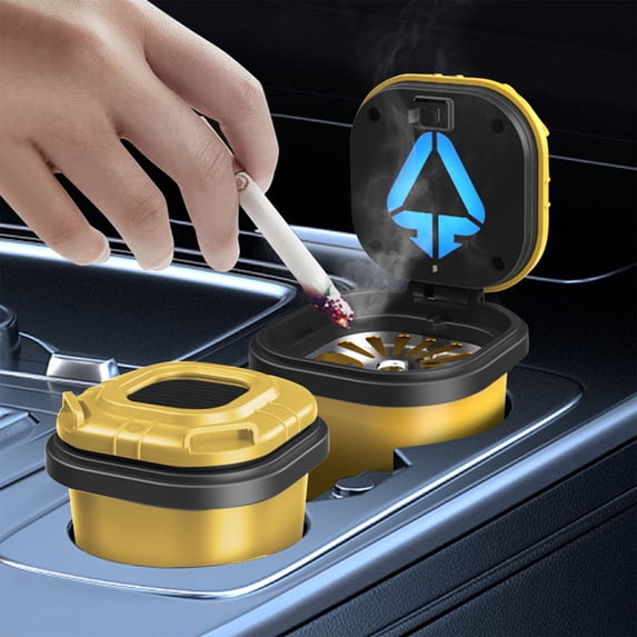 Car Ashtray with Automatic LED Night Light and Metal Liner, Press-Open Smoke Odor Lock Design, Easy-Clean Detachable Cigarette Tray for Vehicle Home Office Use