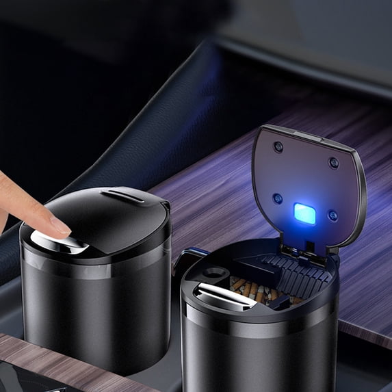 Car Ashtray with LED Blue Light and Flame-Retardant Stainless Steel Liner, Sealed Smokeless Cigarette Tray for Auto Interior, Heat-Insulated Portable Ash Catcher for Men and Women