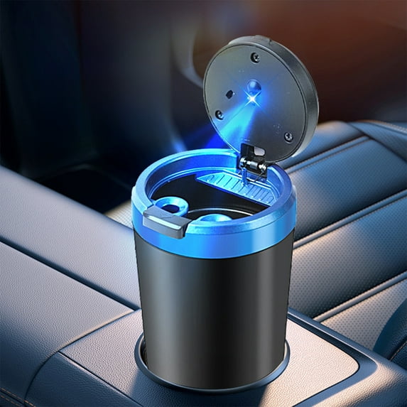 Car Ashtray with Lid, Detachable Stainless Smokeless Auto Ashtray, Portable Mini Vehicle Trash Can with LED Blue Light, Universal Interior Accessories for Cup Holder(Blue)