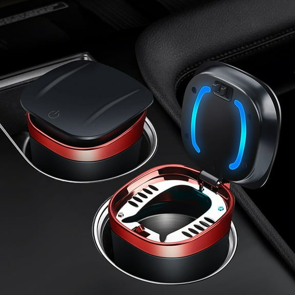 Car Ashtray with Lid, Smell Proof, Mini Car Trash Can, Detachable Stainless Steel Ash Tray, LED Blue Light, Suitable for Car Home Office, Easy to Clean