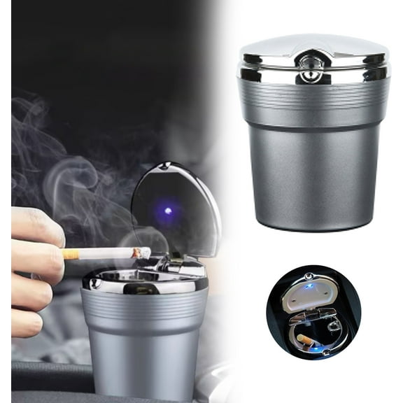 Car Ashtray with Lid Smell Proof, Smokeless Ashtray, Mini Car Trash Can, Car Ashtrays For Cup Holder Smell Proof,Detachable Stainless Steel Ash Tray with Lid and LED Blue Light
