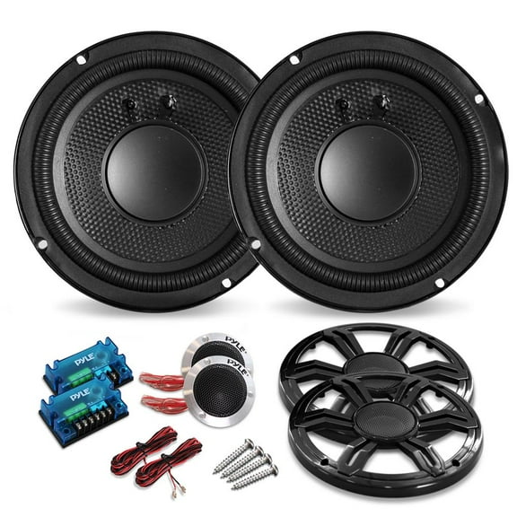 Car Audio Speakers Component Kit - 2 Pcs. 6.5'' SVC Speakers with Pair of 12dB Per Octave Passive Crossover Network and Pair of 1.0'' Aluminum Tweeter, Injection Cone with Rubber Edge - Pyle PLD63C