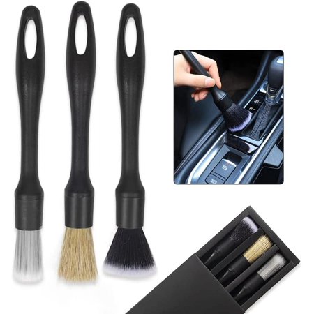 Car Auto Detailing Brushes Set of 3, Car Detailing Brushes Kit Ultra-Soft Boars Hair Detail Brushes Car Detailing, Interior Detailing Brush for Cleaning Wheel Rim Automotive Engine Dashboard Leather