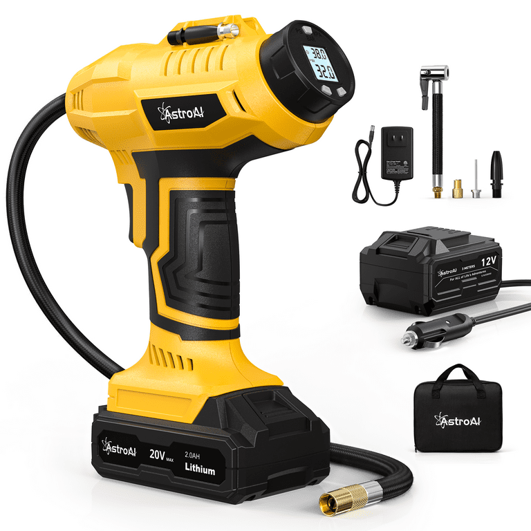 AstroAI Tire Inflator 160psi Cordless Air Compressor, 20V Rechargeable Battery, Portable Handheld Air Pump, DC 12V, Yellow, Size: 10.91 x 9.37 x 3.27