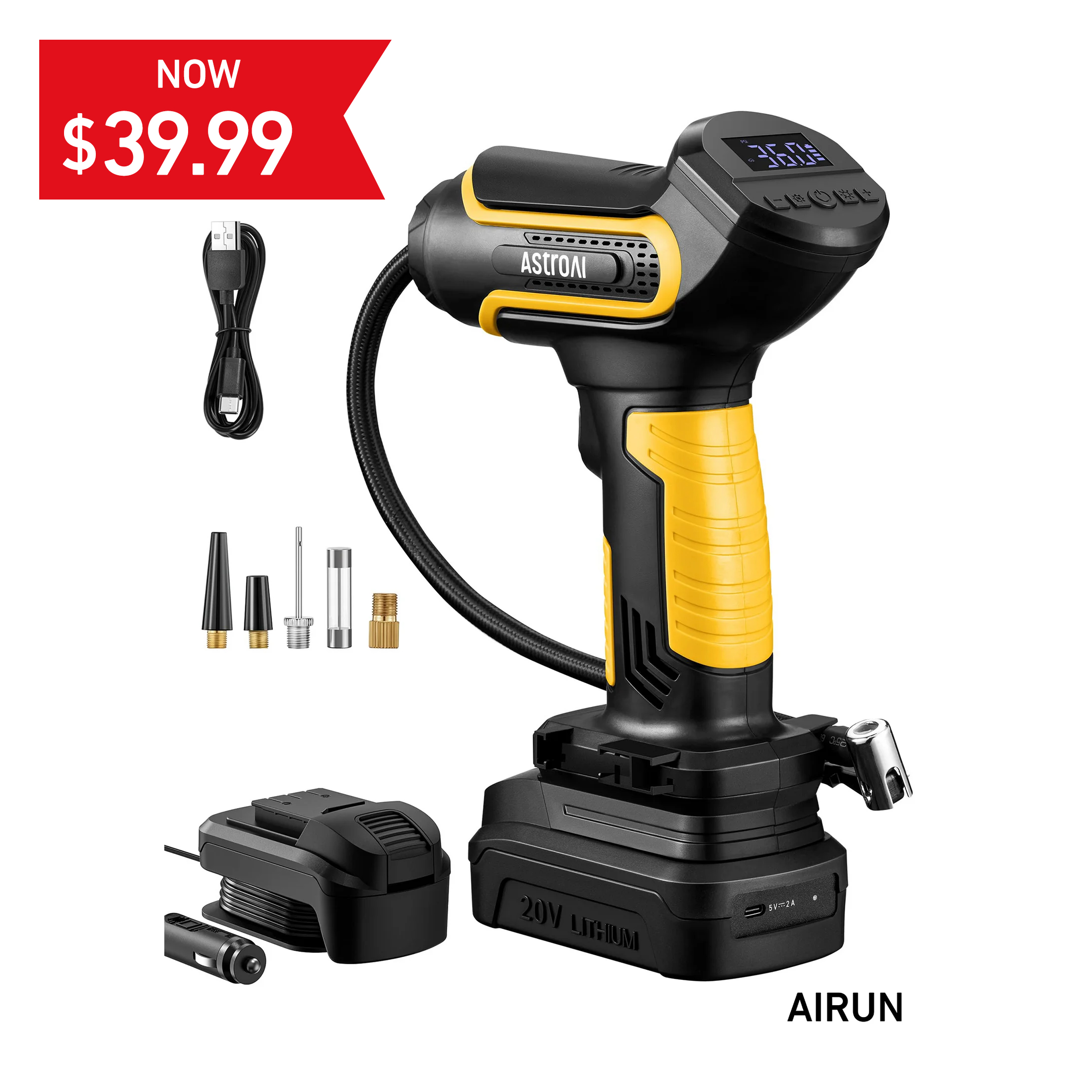 Cordless Tire Inflator, Air Compressor for Car Tires Air Pump 150 PSI, AstroAI Portable Air Pump with Battery, Rechargeable Compact Handheld Electric Automotive Pump, Yellow