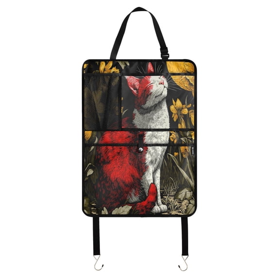 Car Back Seat Organizer 1 Pack Antique Nylon Fabric Thickened Waterproof Foot Mat Suitable For Various Types Of Vehicles Red Cat and Sunflowers