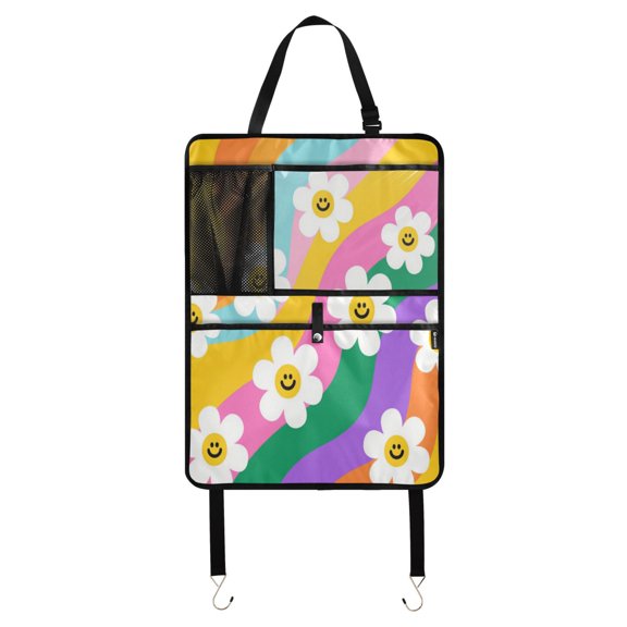 Car Back Seat Organizer 1 Pack Antique Nylon Fabric Thickened Waterproof Foot Mat Suitable For Various Types Of Vehicles Smiley Daisy on Rainbow Background