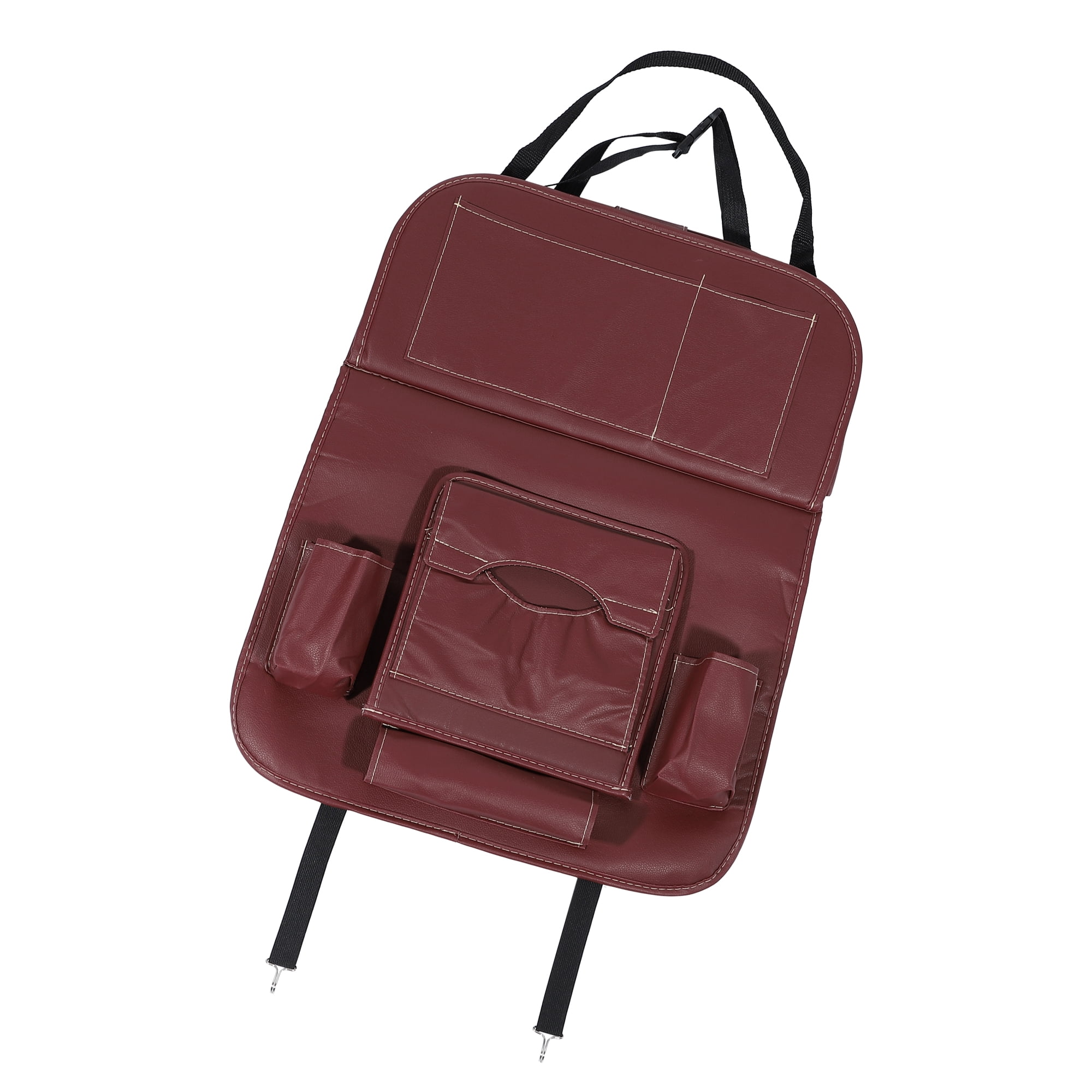 Car Back Seat Organizer Backseat Kick Mat Protector Foldable Garbage Storage Bag with Tray Tissue Box PU Leather Red