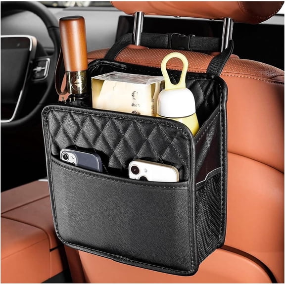 Car Back Seat Organizer, Large Capacity Foldable Car Headrest Hanging Organizer with Storage Pockets, Waterproof Leather Multipurpose Back Seat Storage Bag for Most Vehicles (Black)