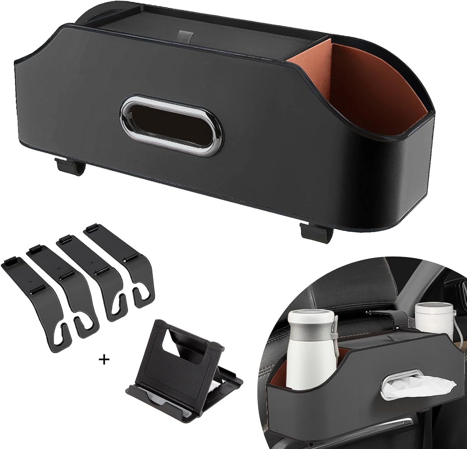 Car Back Seat Organizer Storage Box, 2 Drink Cup Holder, Tissue Box