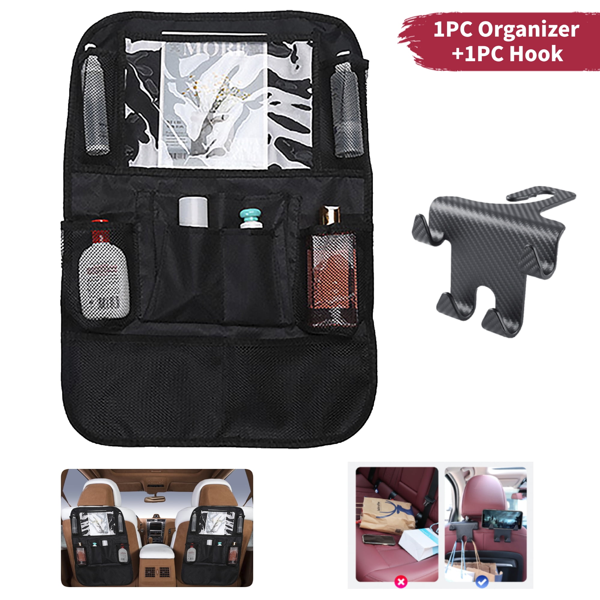 Car Back Seat Organizer with Extra Hanging Hook, MultiPockets Auto