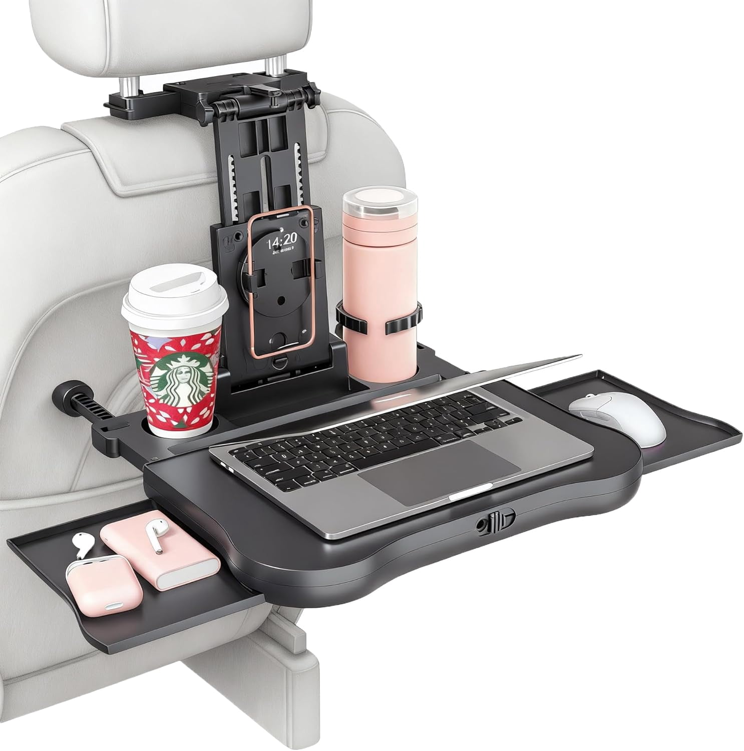 Car Back Seat Tray with Extendable Table, Car Desk for Laptop with Phone Holder, Foldable Trays for Eating & Working, Car Travel Tray Table for Rear Passenger
