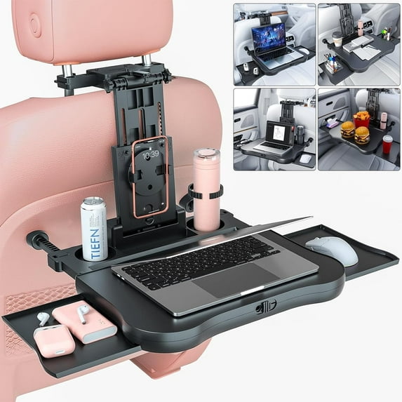 DERCLIVE Car Back Seat Tray Table, Foldable Auto Backseat Food Trays Desk for Rear Passenger Road Trip Eating & Work, Multifunctional Adjustable Travel Tray for Writing/Laptop/Dining/Work