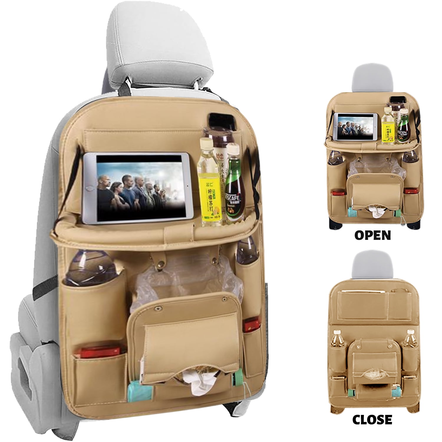Car Backseat Organiser, 9 Storage Pockets PU Leather Car Storage Organizer with Foldable Table Tray, Car Seat Accessory Storage Pockets Kick Mat for Car (Beige)