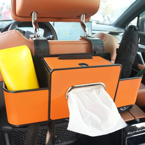 Car Backseat Organizer with 2 Dual Cup Holders, Tissue Box & Storage Compartments, Multi-Function Car Seat Storage with Hooks for Ultimate Travel Convenience（ORANGE)