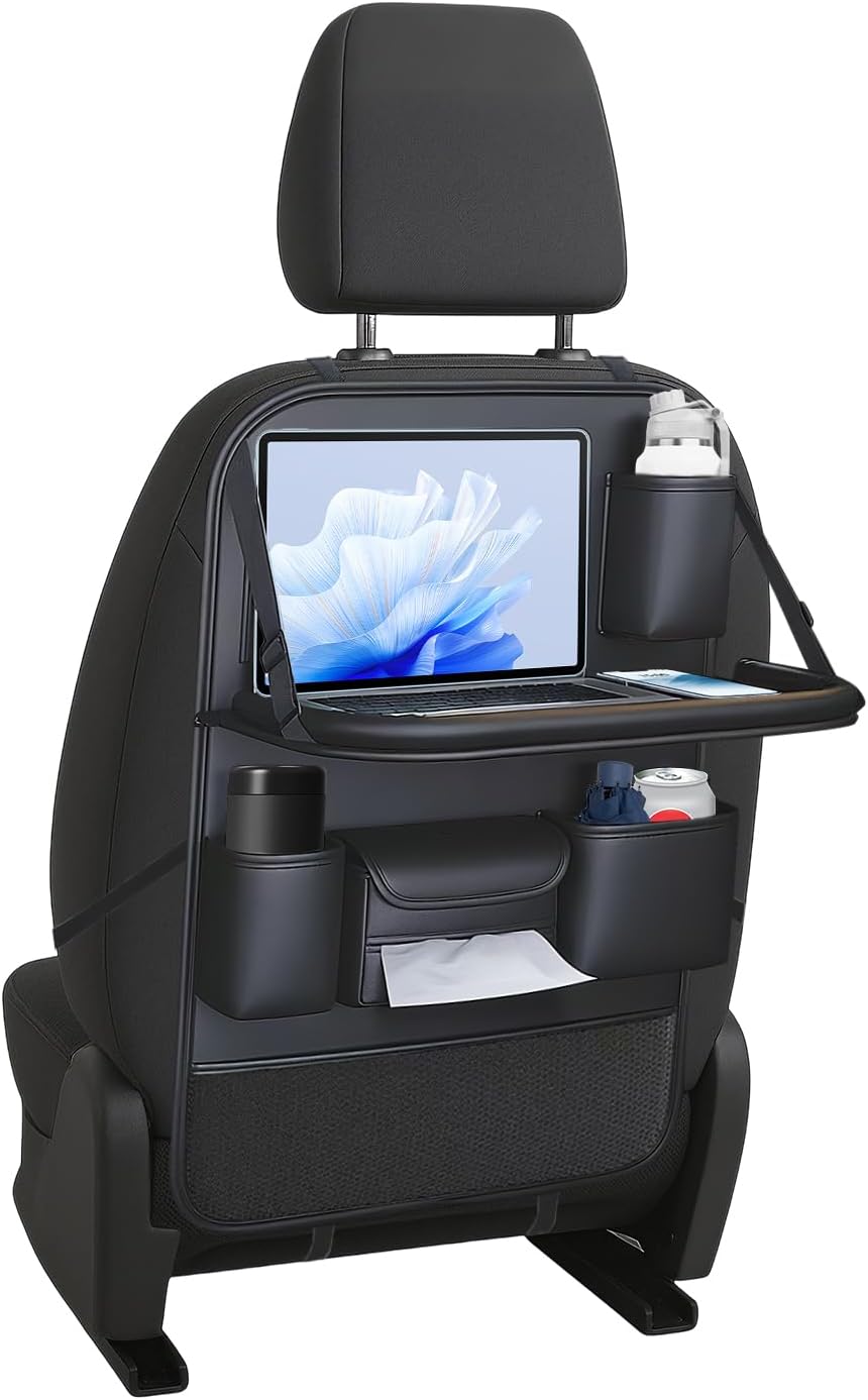 Car Backseat Organizer with Foldable Table Tray, Premium Leather Car Seat Back Protectors Kick Mats, Toy Storage Box with 10 Inch Touch Screen, Tablet Holder