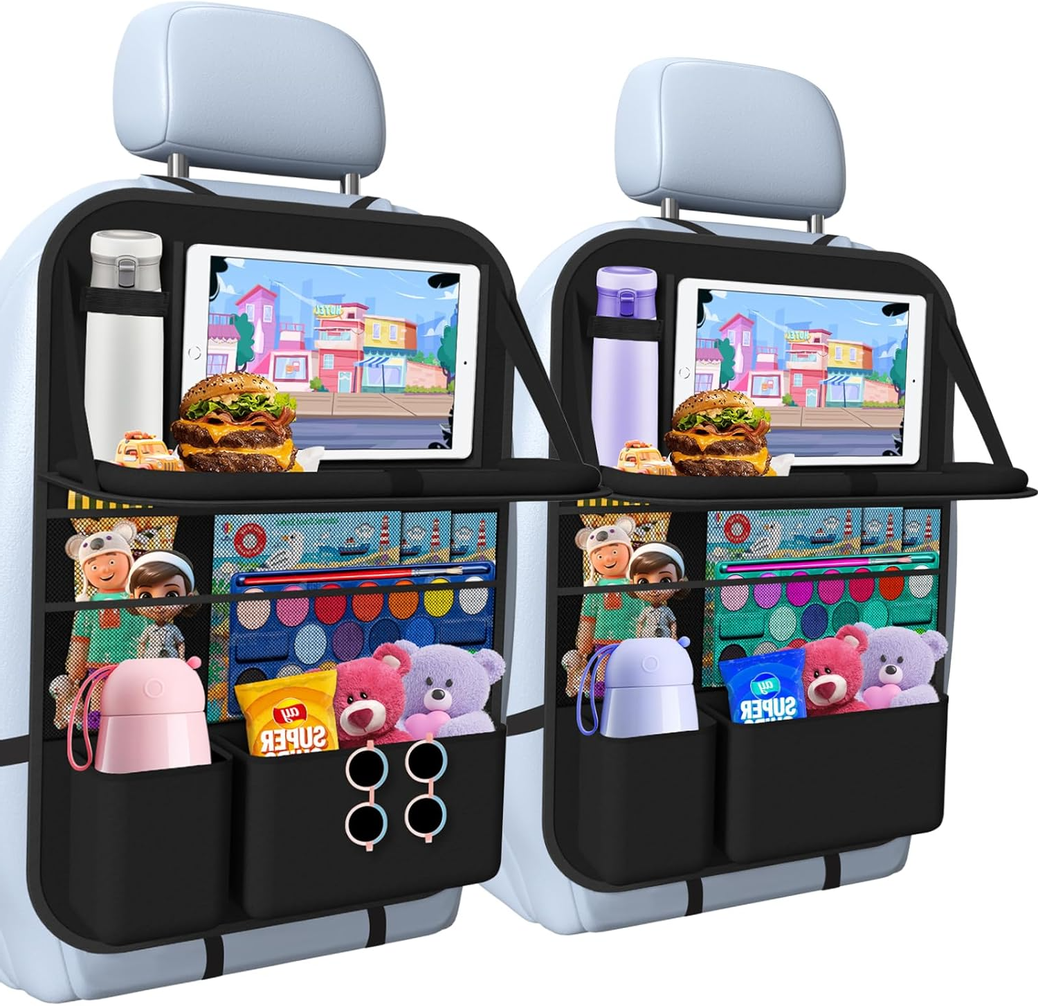 Car Backseat Organizer with table Tray, 9 Storage Pockets Backseat Car Organizer with Tablet Holder, Back seat Organizer for Kids Road Trip Essentials Travel (1Pack)