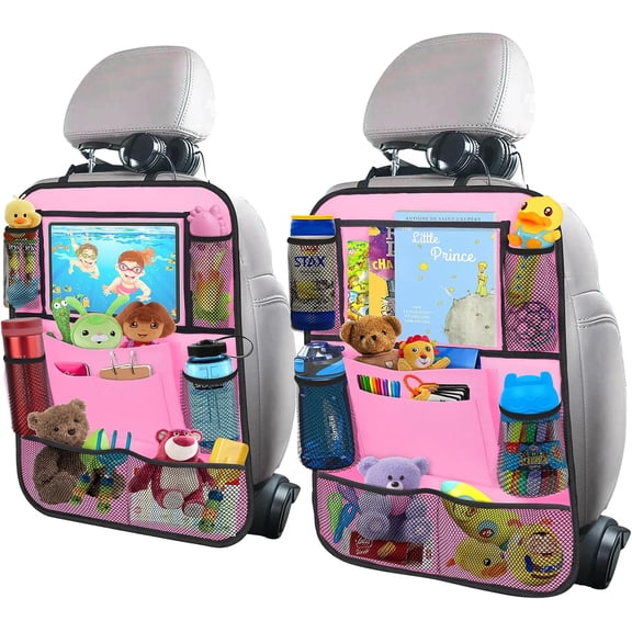 Car Backseat Organizer with 10" Table Holder, 9 Storage Pockets Seat Back Protectors Kick Mats for Kids Toddlers, Travel Accessories, 2 Pack