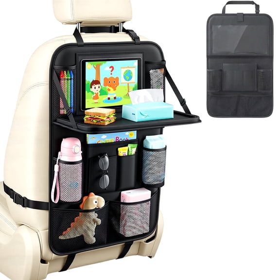 HAARAY Car Backseat Organizer with Foldable Table Tray, 11 Pockets & Touchscreen Tablet Holder, Kick Mat Protector for Road Trips