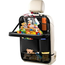 Car Backseat Organizer with Tablet Holder, 6 Storage Pockets Foldable Table Tray Seat Back Protectors Kick Mats Travel Accessories, 1 Pack Black